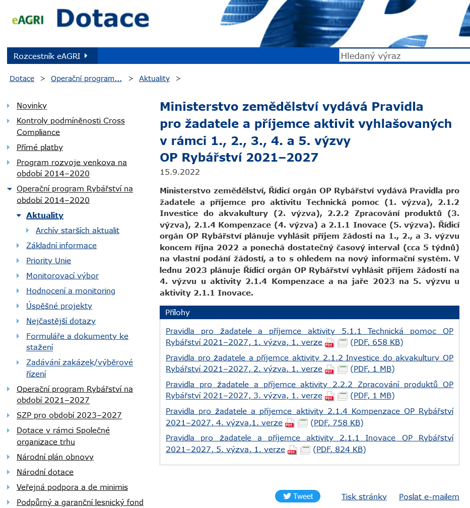 Ministerstvo zemědělství vydává Pravidla pro žadatele a příjemce aktivit vyhlašovaných v rámci 1., 2., 3., 4. a 5. výzvy OP Rybářství 2021–2027